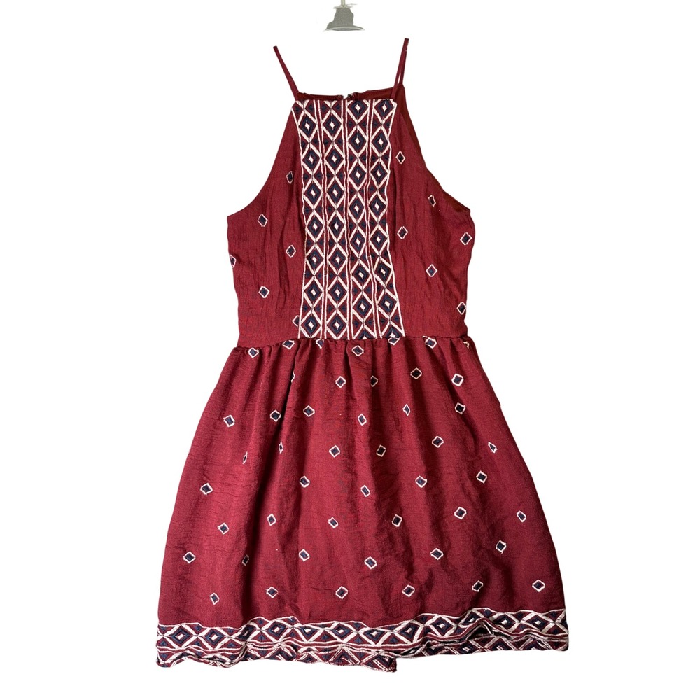 Alya Geometric Embroidered Halter Mini Dress Boho Burgundy Small Indie Peasant
